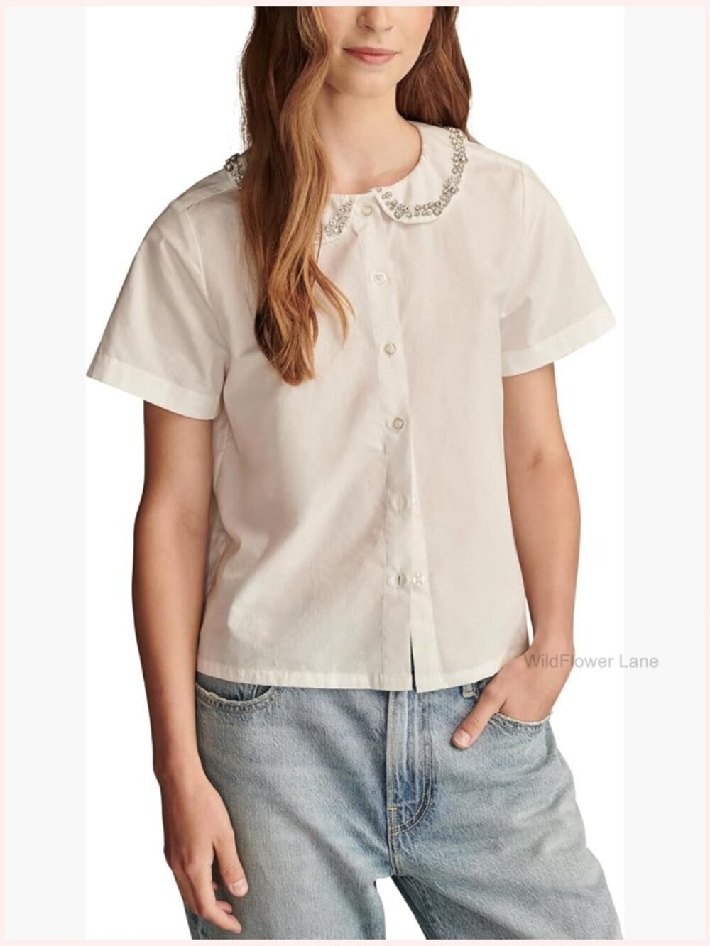 Embellished Peter Pan Collar Button-Down Shirt, Cotton, Regular Fit